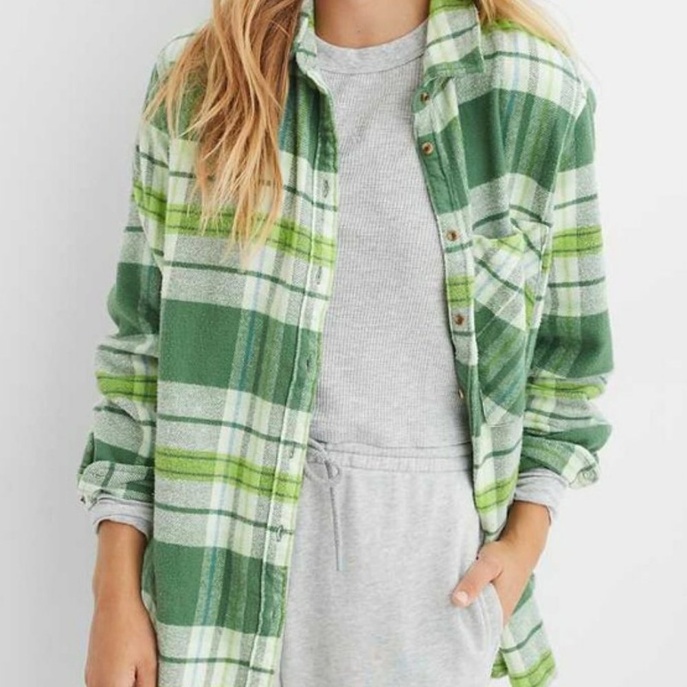Green Aerie Oversized Button-Up Flannel Shirt